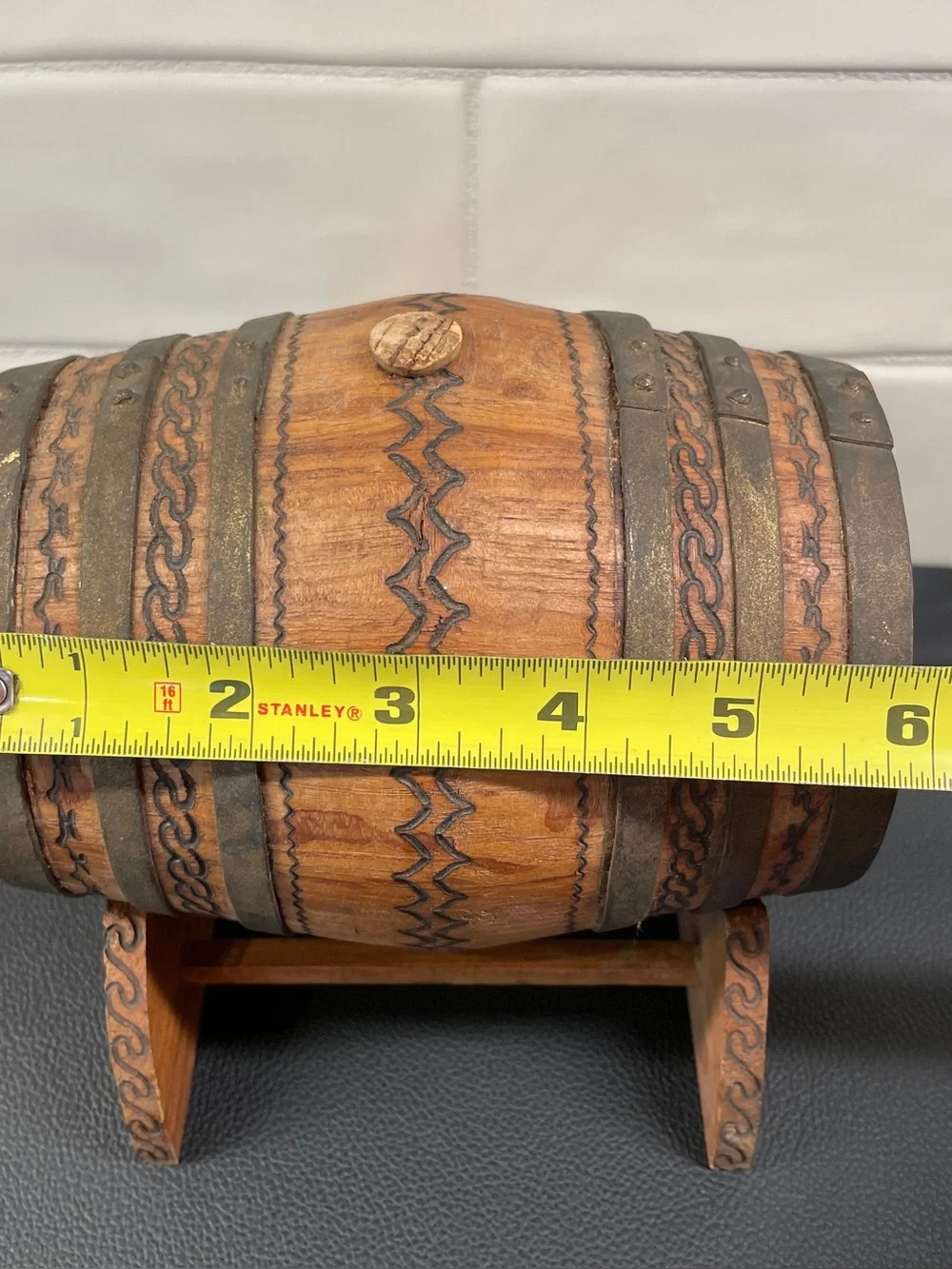 Old Miniature Wooden Tequila Barrel With Spout and Stand